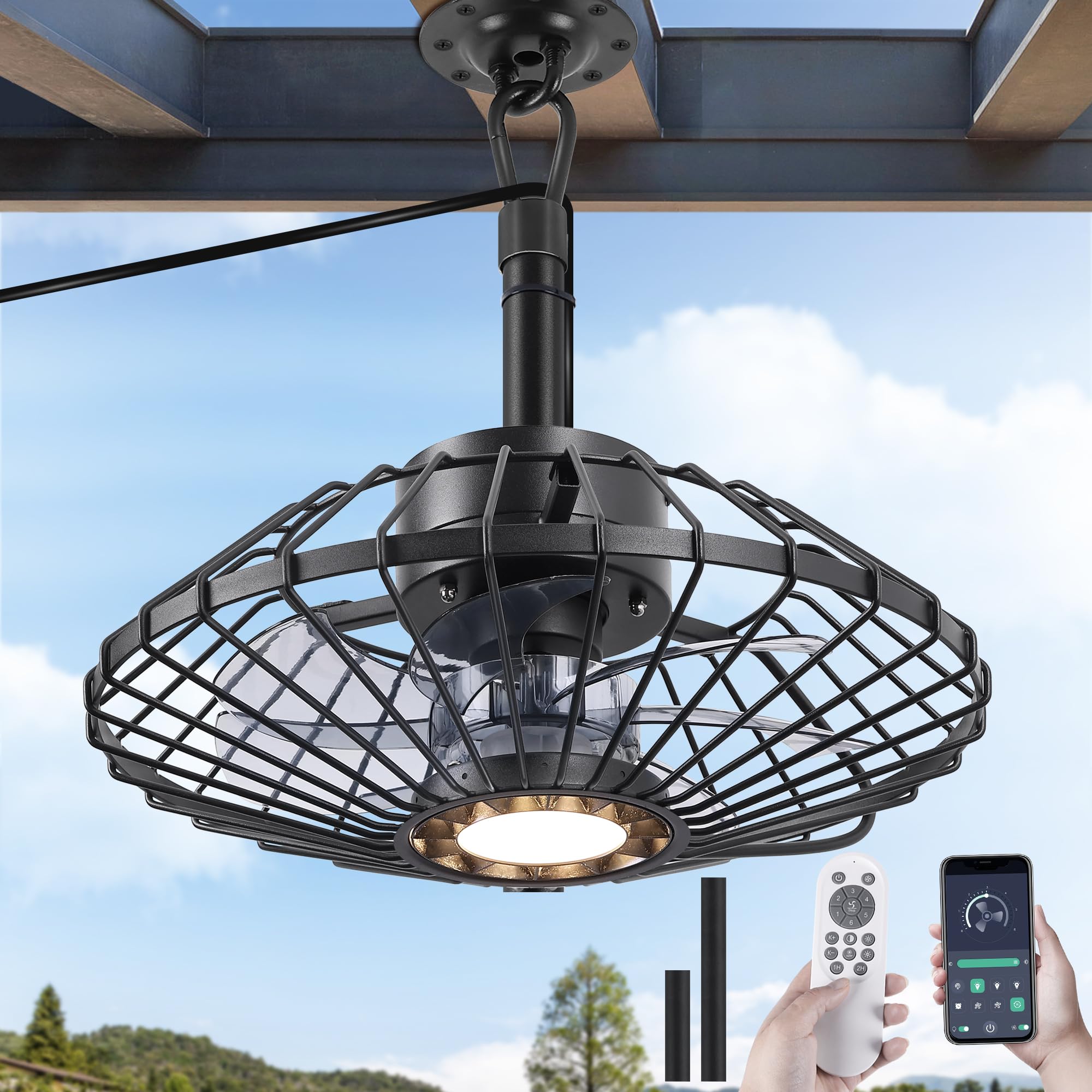 Outdoor Ceiling Fan with Lights, 15" Weatherproof Gazebo Hanging Fan with Remote Control Smart App, Plug in Caged Ceiling Fan with 3CCT Dimmable,Ceiling Fan with Hanging Hook for Porch, Pergola,Canopy