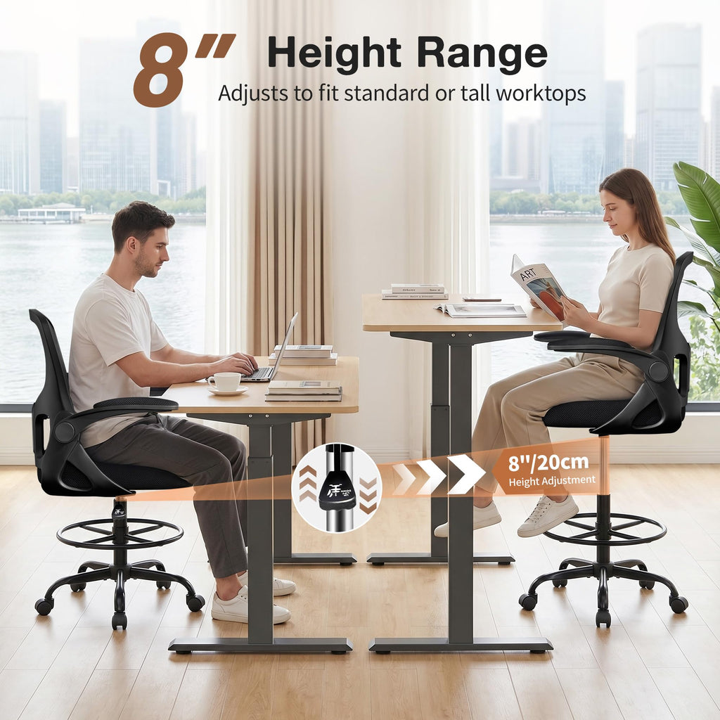 Finati Drafting Chair, Tall Office Chair for Standing Desk with Flip-up Armrests, Adjustable Foot Ring & Lumbar Support, Breathable Mesh High