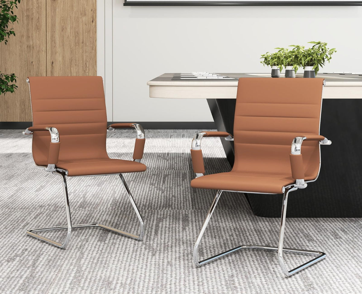 Cimota Waiting Room Chairs Leather Office Guest Chair Mid Back Reception Chairs with Sled Base for Meeting/patient/conference Room, Brownish
