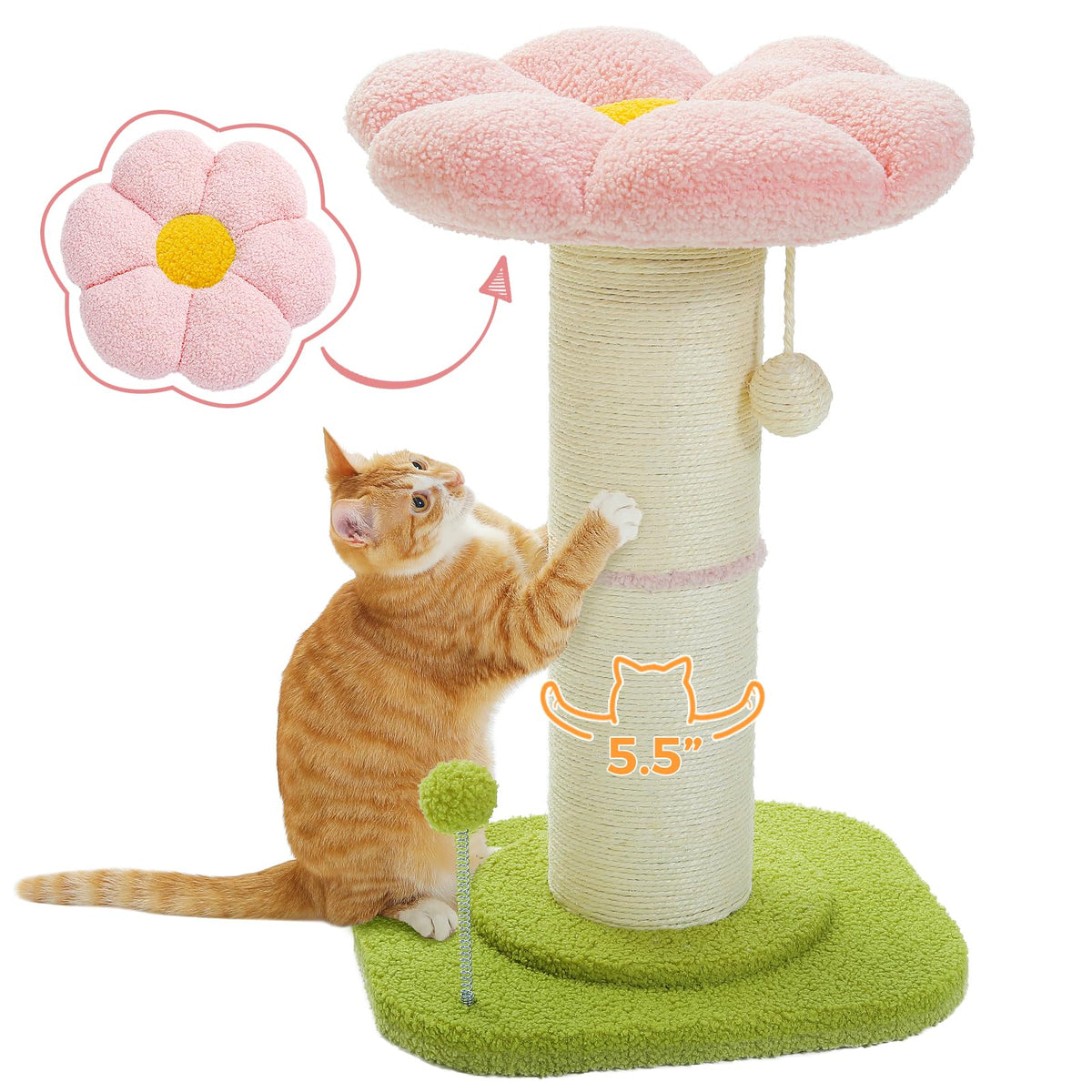 PEQULTI Flower Cat Scratching Post, Small Cat Tree, Scratcher for Indoor Cats with Super Thick Scratching Post [Dia=5.5''], Removable Flower Bed, Cat Scratch Post with Spring Ball, Pink