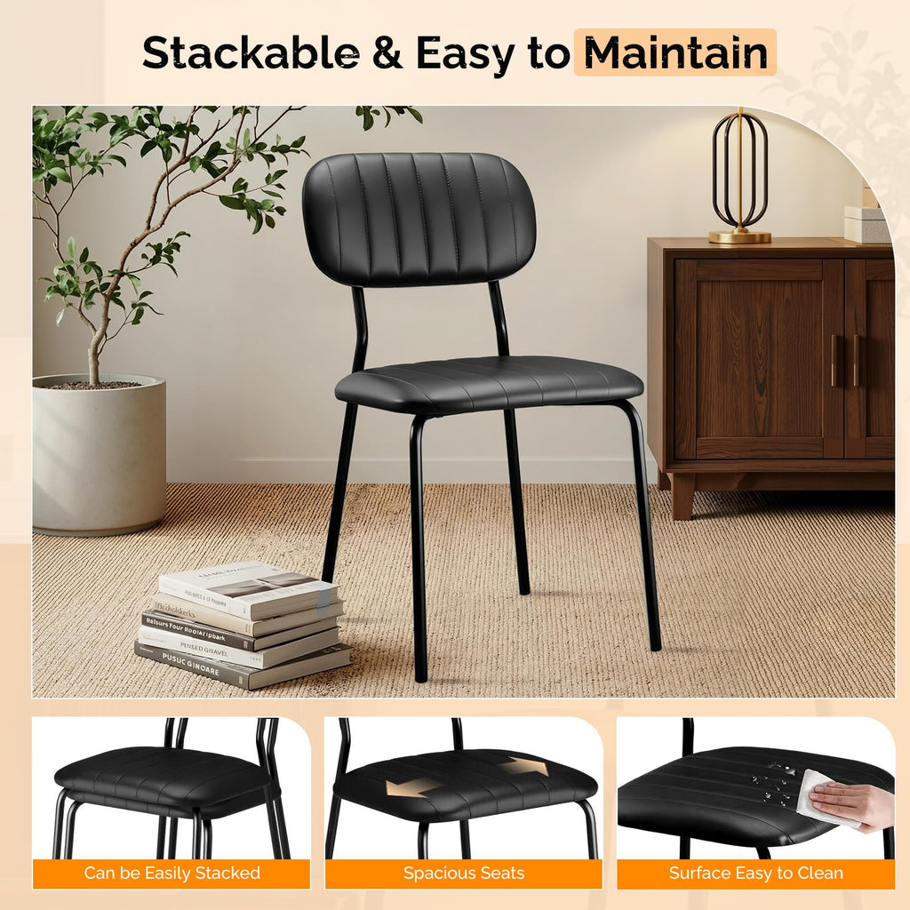 Vingli Modern Pu Padded Stacking Dining Chair Set of 4 for Home, Black, 4 Pack, Black Pu