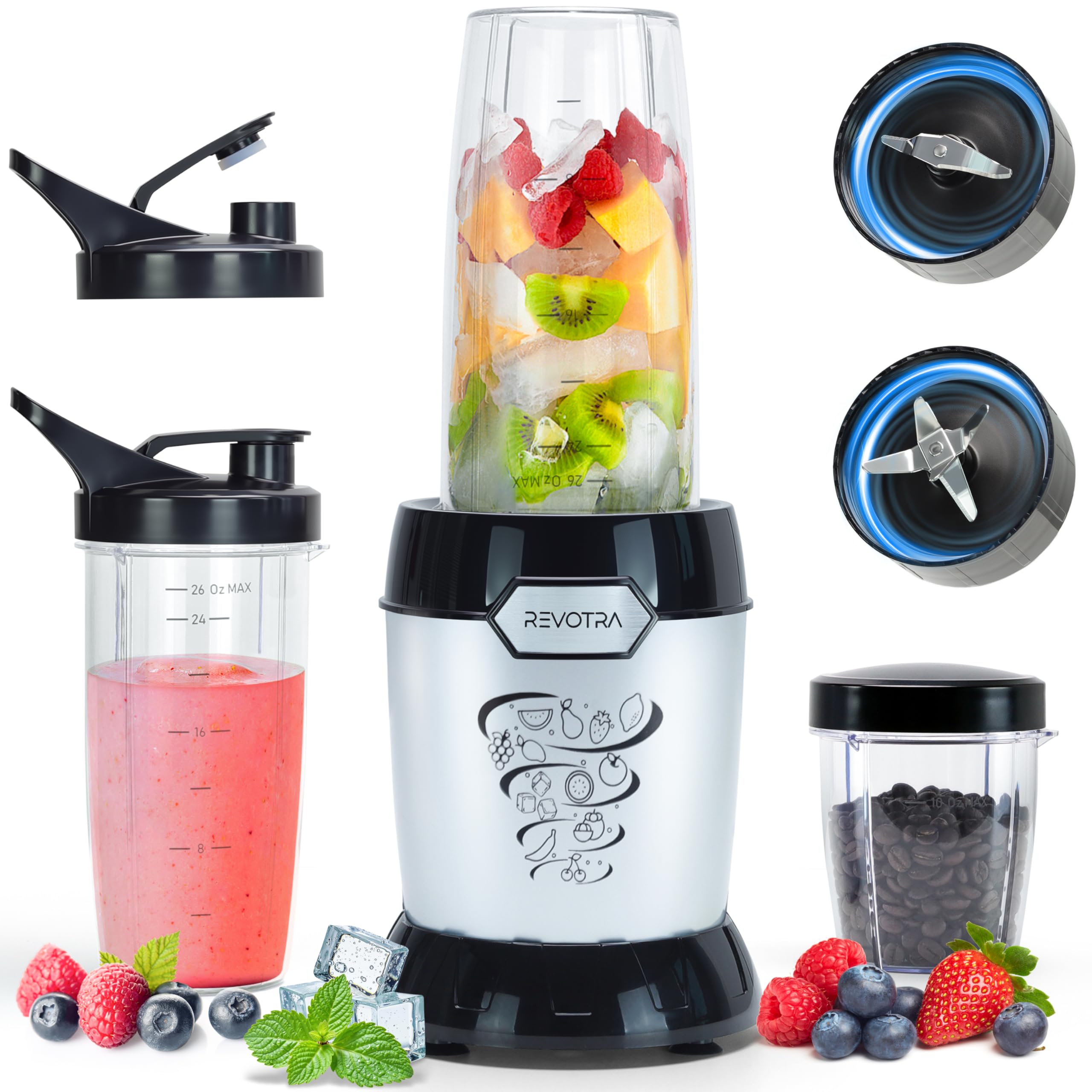 REVOTRA Blender for Smoothies, Personal Blender for Shake and Smoothies for Kitchen with 3 Portable Cups (2x24oz & 1X10oz), 4-Leaf Stainless Steel Blades, Perfect for Frozen Drinks, Ice Crushing