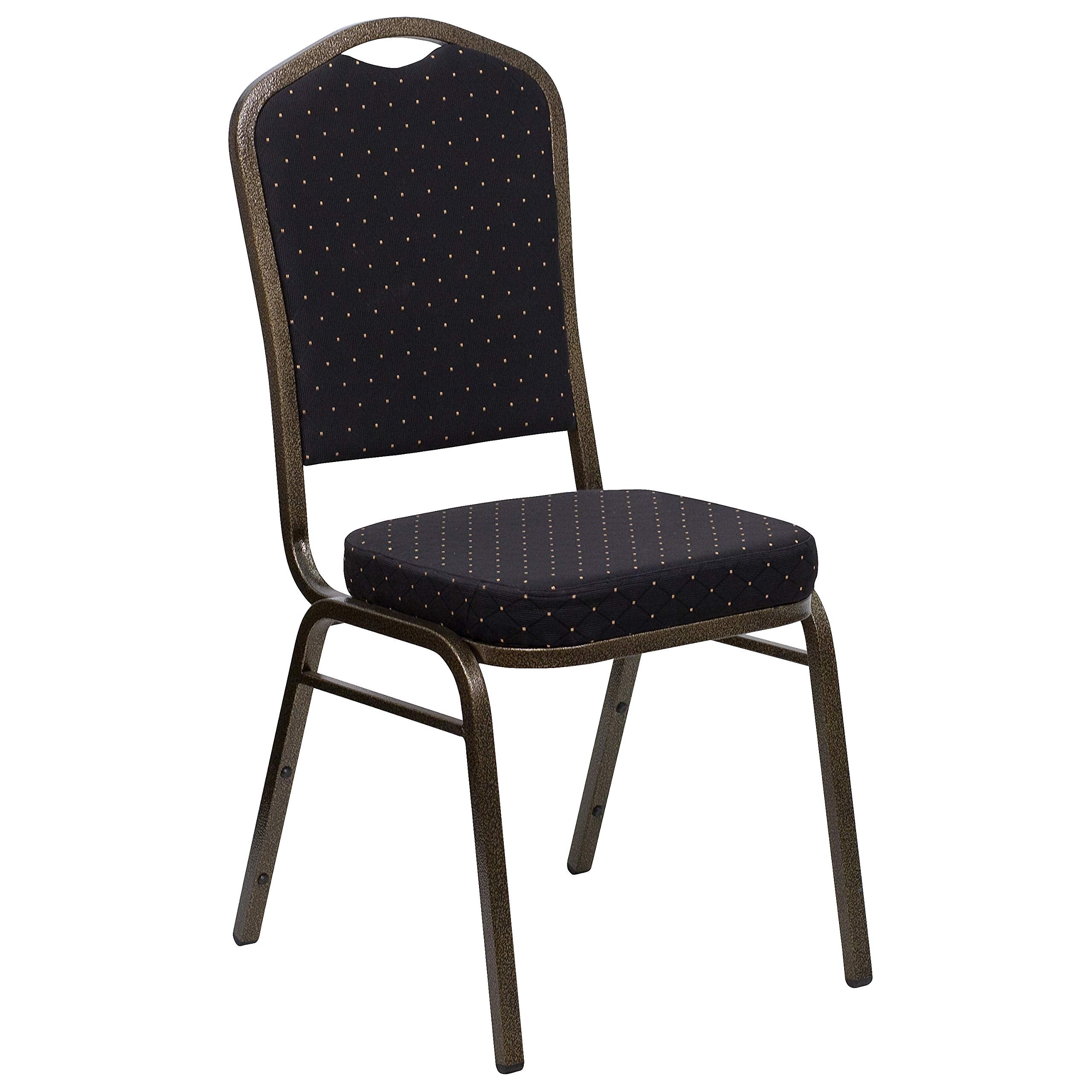 Flash Furniture Hercules Fabric Crown Back Stackable Banquet Chair, Black, Set of 1, Black Patterned Fabric/gold Vein Frame