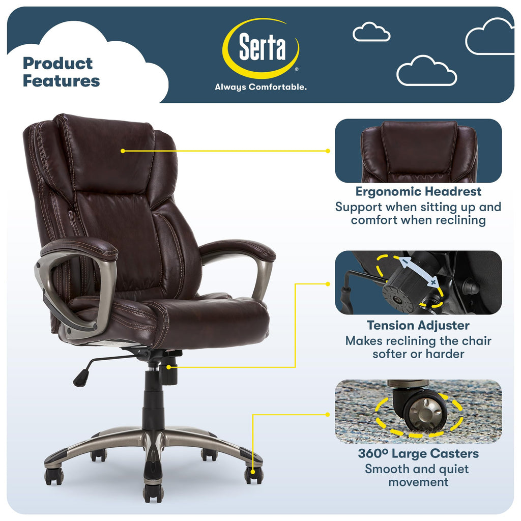 Serta Ergonomic Executive Office Chair with Lumbar Support, Leather Chair, High-Back, Brown