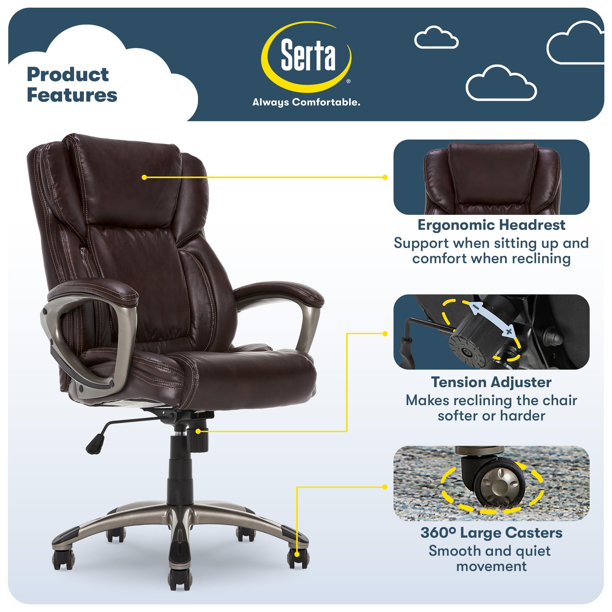 Serta Ergonomic Executive Office Chair with Lumbar Support, Leather Chair, High-Back, Brown