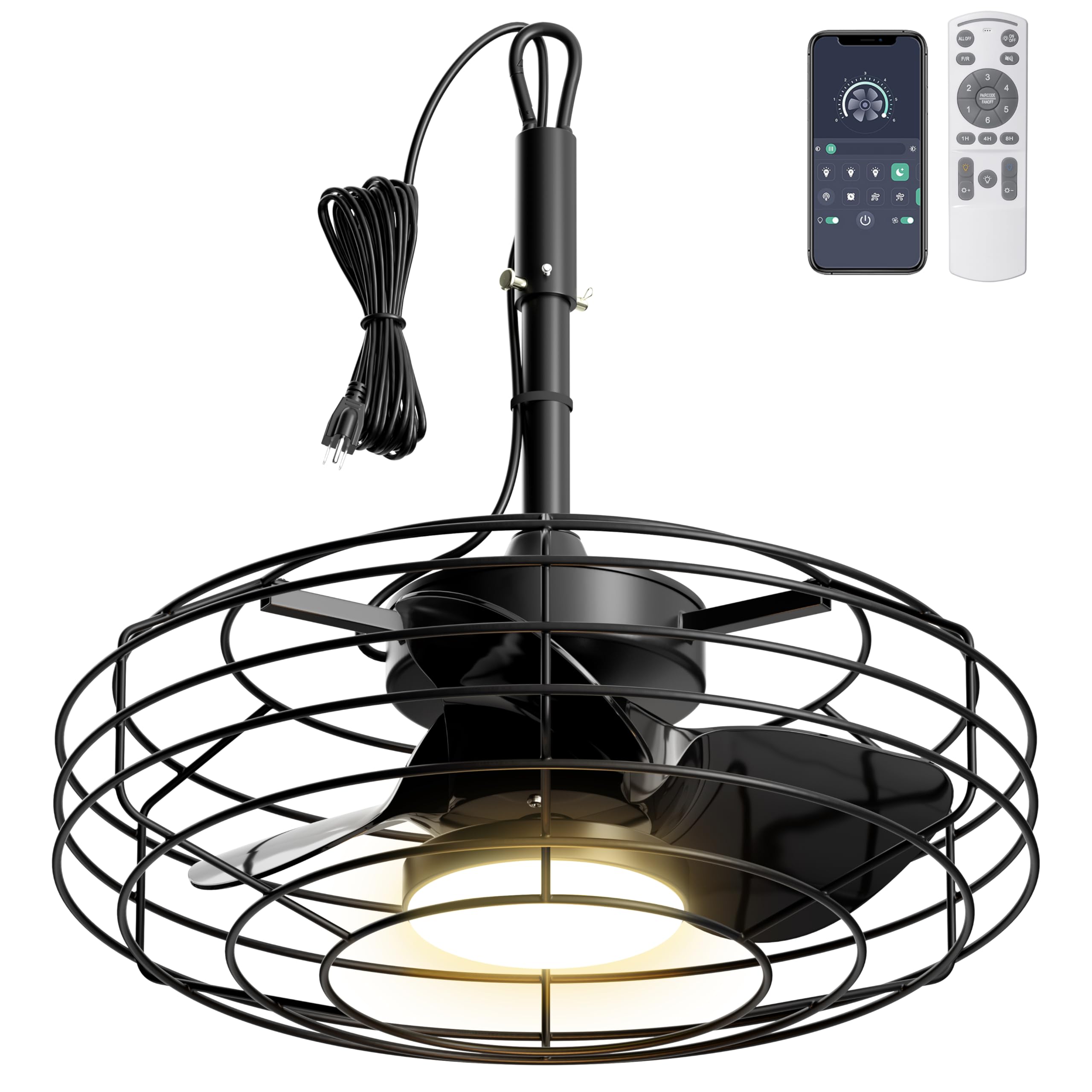 Coolbull 20 Inch Outdoor Ceiling Fans with Light, IP63 Waterproof Gazebo Fan with Hanging Hook, Plug in Caged Ceiling Fan, Remote&APP Control, 3 CCT, 6 Speeds for Patio, Pergola, Canopy, Black