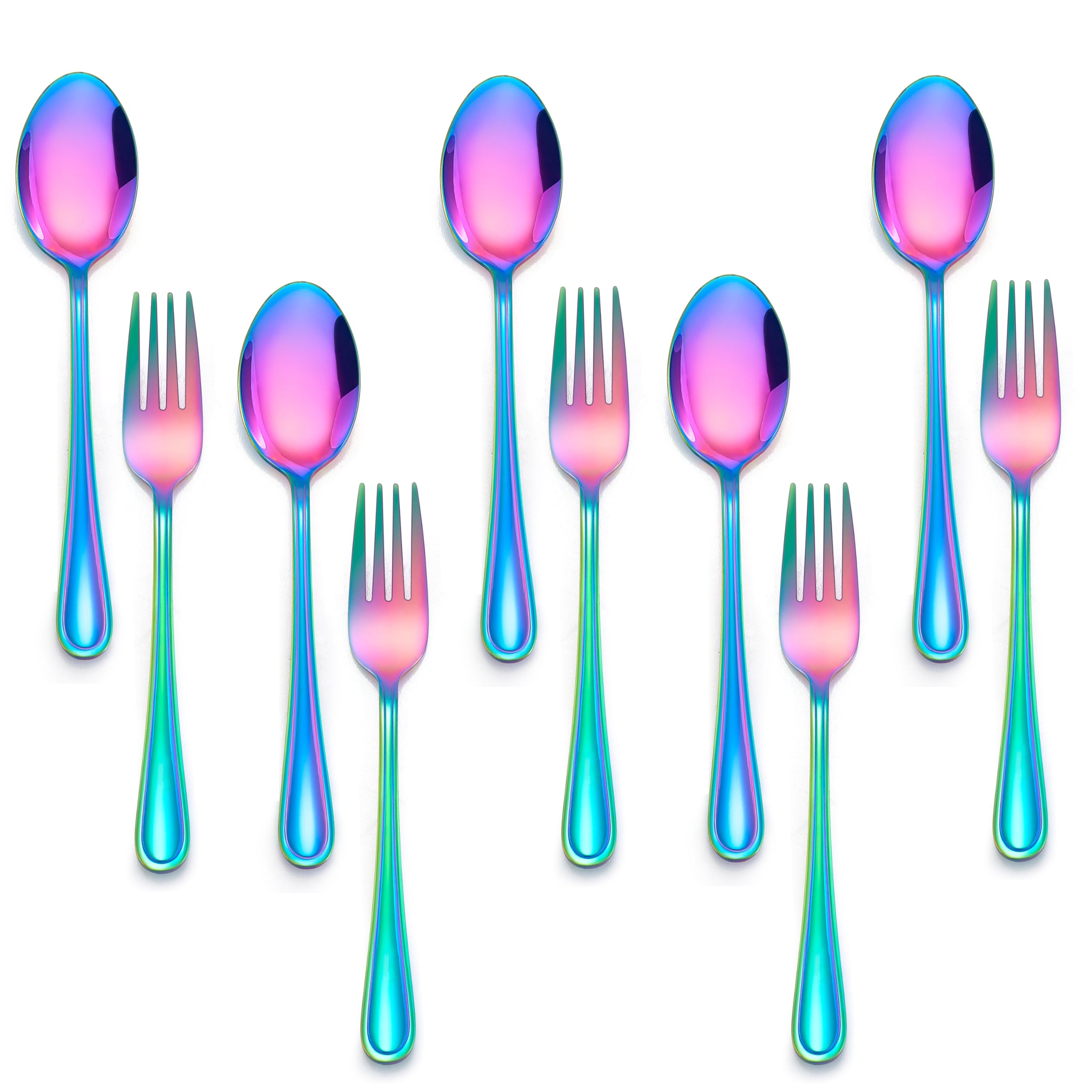E-far 10-Piece Rainbow Toddler Utensils, Kid Stainless Steel Silverware Set, Children Safe Forks and Spoons Set for Self Feeding, Healthy & Non-Toxic, Mirror Polished & Easy to Clean