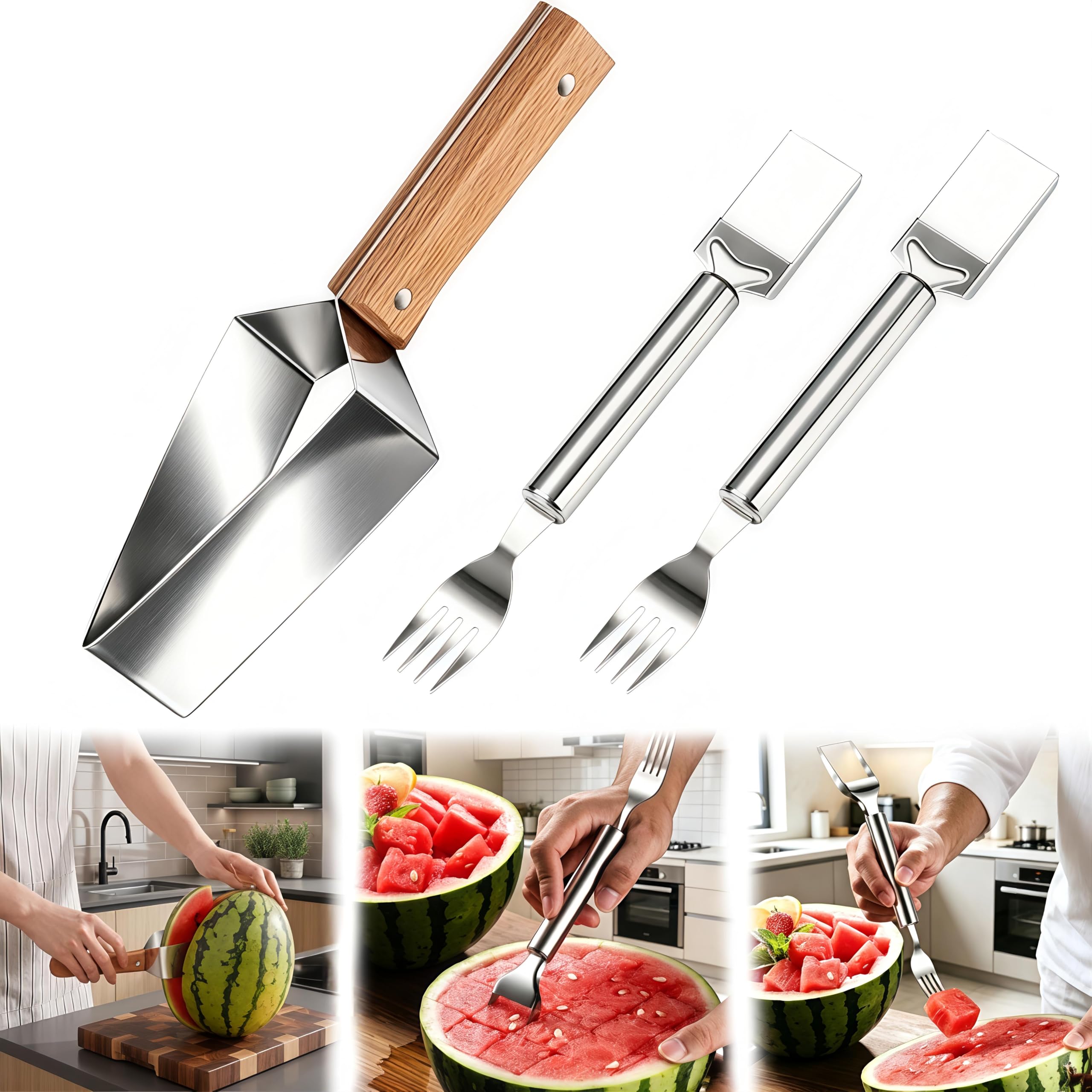 3 Pcs Watermelon Slicer Cutter Tool Set, 2 Dual Head Watermelon Fork Slicer & 1 Wooden Handle Triangle Watermelon Knife for Melon & Cantaloupe, Summer Fruit Cutting Kitchen Gadgets