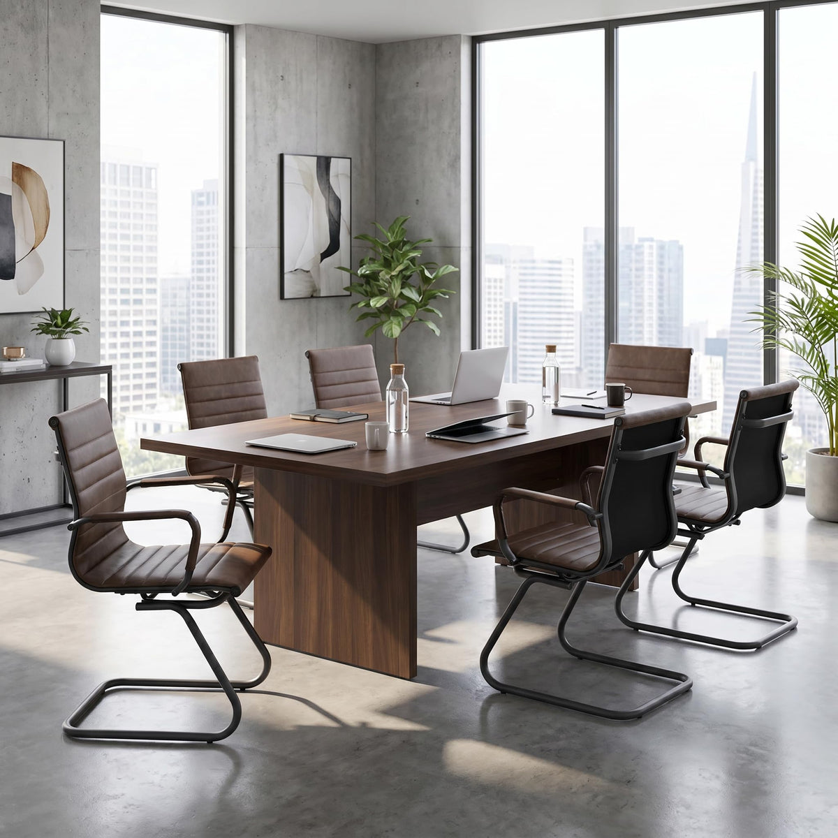 Hny 6-pack Pu Leather Office Guest Chairs, 6 PCS, Retro Brown