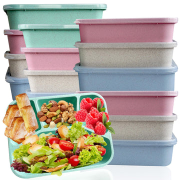 15 PCS Bento Box, 4 Compartment Bento Box Adult Set, Wheat Straw Bento Lunch Box, Reusable Lunch Snack Box, Microwave, Dishwasher and Freezer Safe Meal Prep Containers for Work, School and Travel