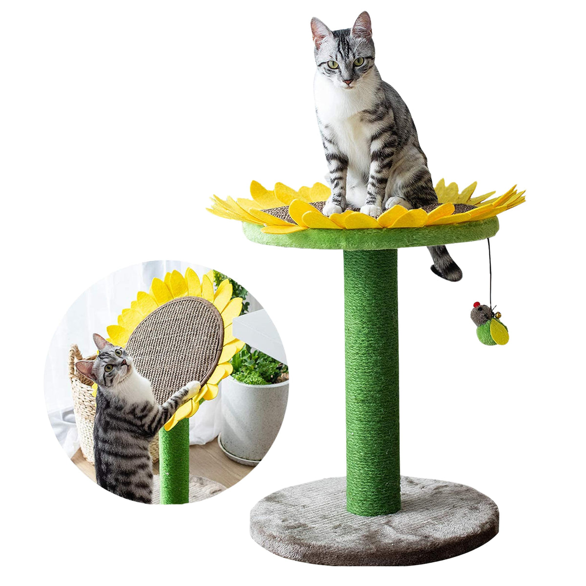 Catry 23" 2-in-1 Replaceable Cat Scratching Post with Convertible Sunflower Scratching Pad or Perch, Quick Assembly, Garden Style, Ideal for Small to Medium Cats