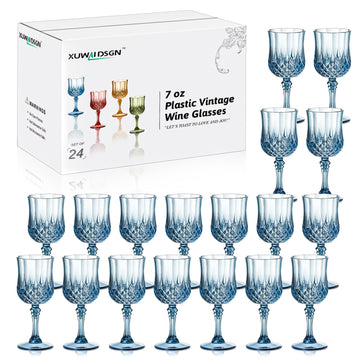 XUWAIDSGN 24 Pcs 7oz Plastic Vintage Wine Glasses Drinking Glasses Unbreakable Wedding Glassware Crystal Water Goblets Reusable Drinkware Vintage Champagne Flutes (24, Blue)