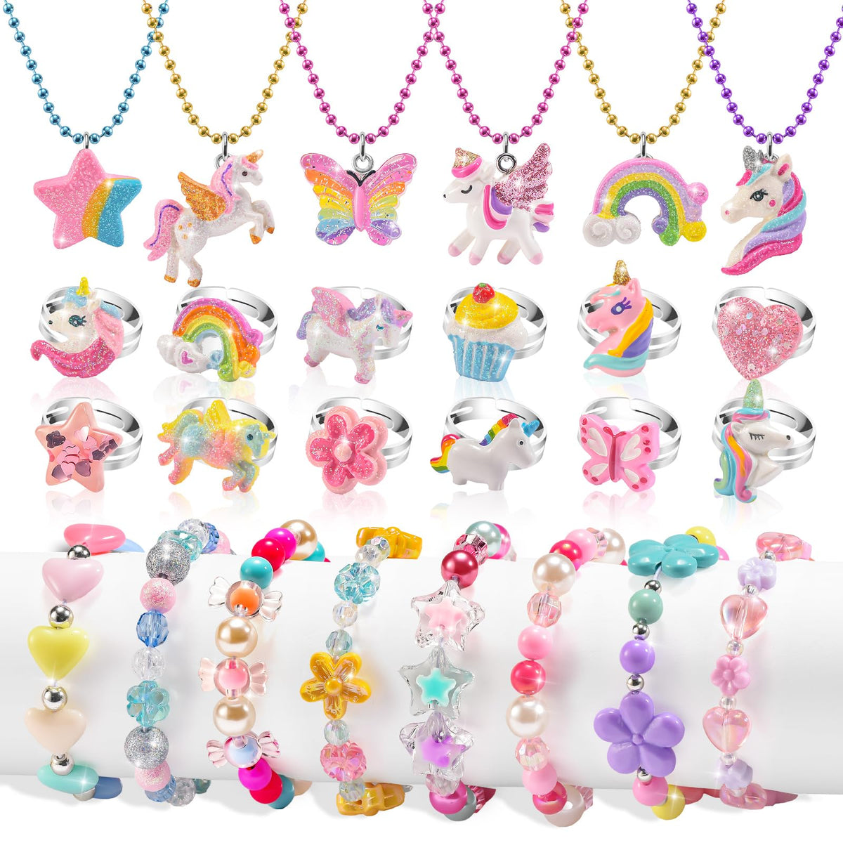 Kids Jewelry for Girls 4-6, Little Girls Play Jewelry Set for Toddlers Age 3-5 6-8, Childrens Princess Costume Dress Up Necklace Bracelets Rings, Unicorn Birthday Gifts for 3 4 5 7 6 8 Year Old