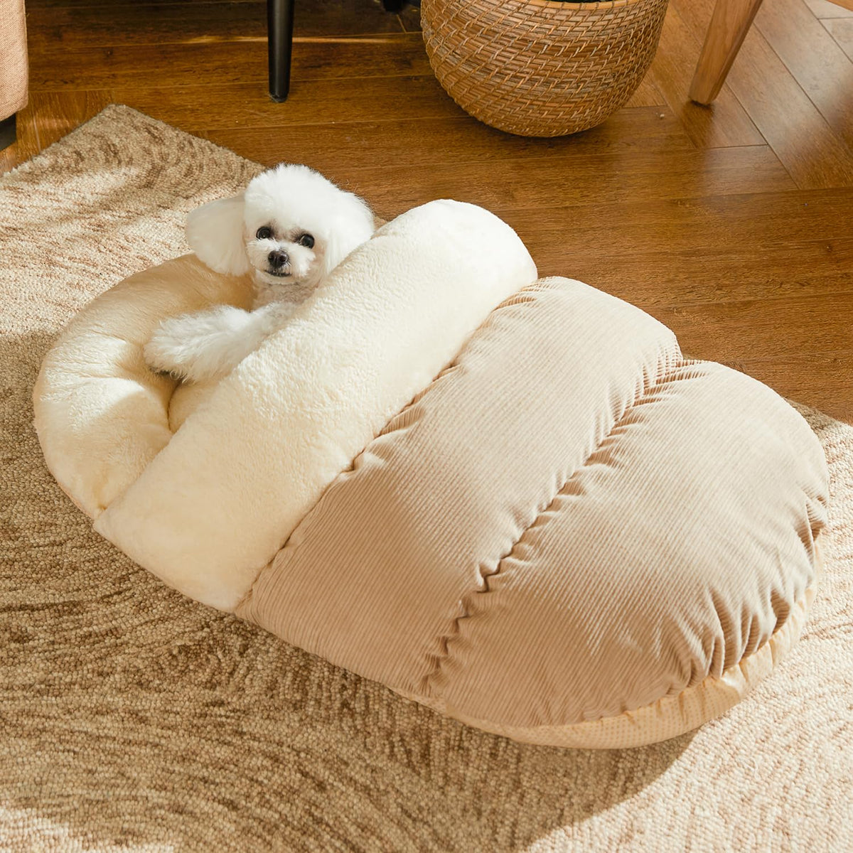 Romaneco Bed for Dog and Cat, Pet Bed, Ultra Soft Cute Plush Slipper Cat Cave Bed, Anti Slip Warm Pet House Nest, Self-Warming, Ideal for Indoor Use - Fits up to 25lbs (30"X22", L, Light Brown)