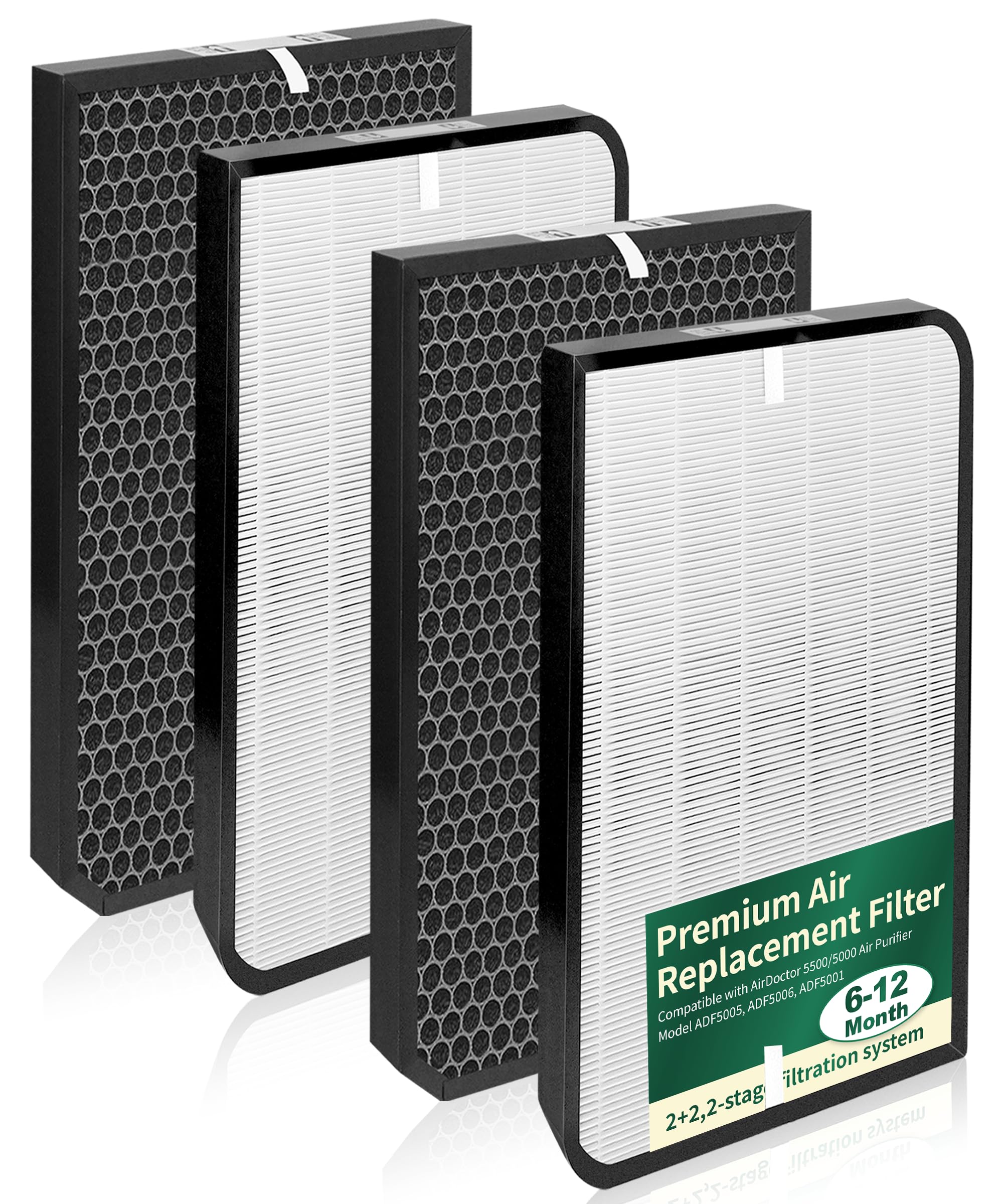 4-Pack AD5500 Replacement Filters Compatible with AirDoctor 5500, 5000, and 5500i Air Purifiers, with 2 Premium Filters & 2 Activated Carbon Filters, Mode Number ADF5005, ADF5006
