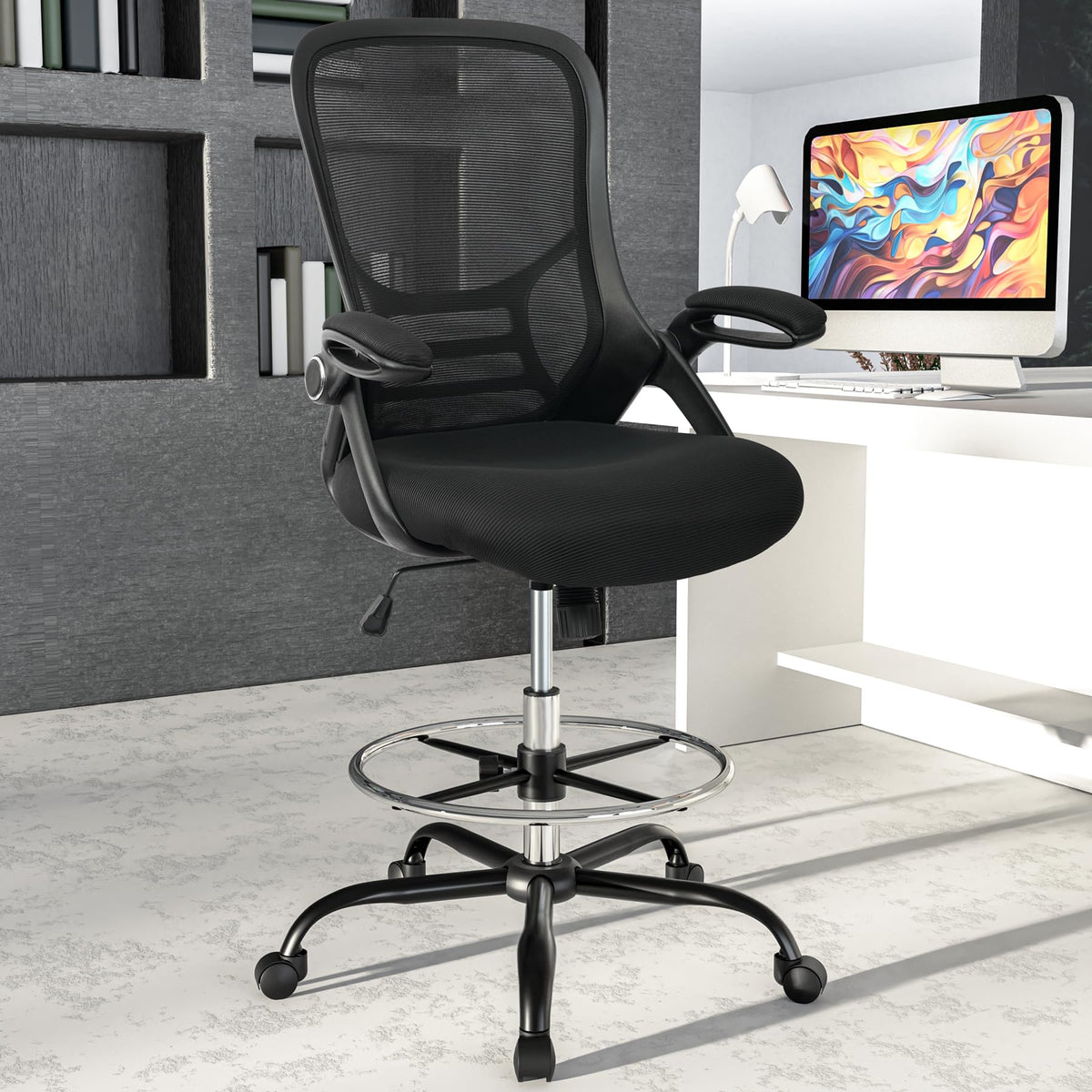 Hylone Drafting Chair Tall Office Chair High-back Mesh Standing Desk Stool with Adjustable Footrest Ring and Flip-up Arms Black