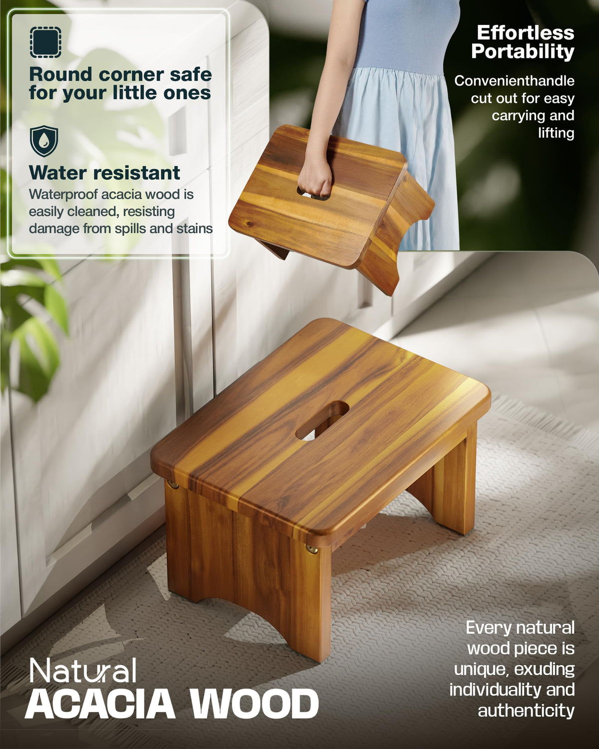 Fanatu Wooden Step Stool, 9'' One Step Stool for Adults, Wooden Beside Step with 550 Lbs Load Capacity, Heavy Duty/portable/nonslip/durable