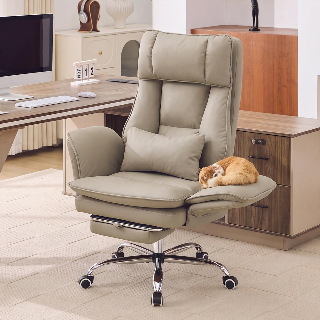 Big and Tall Office Chair, Footrest & Flip Armrest for Pets, Pu Khaki, PU Leather