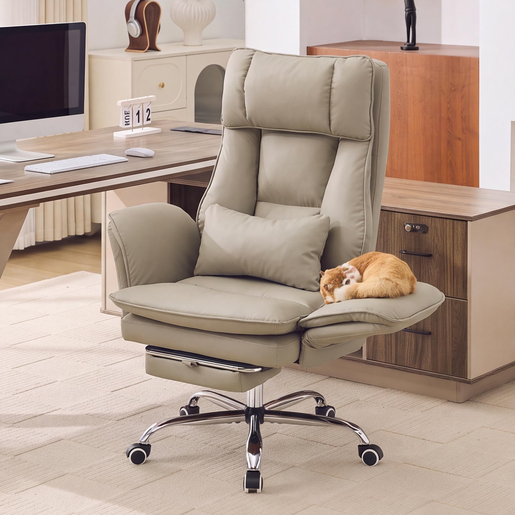 Big and Tall Office Chair, Footrest & Flip Armrest for Pets, Pu Khaki, PU Leather