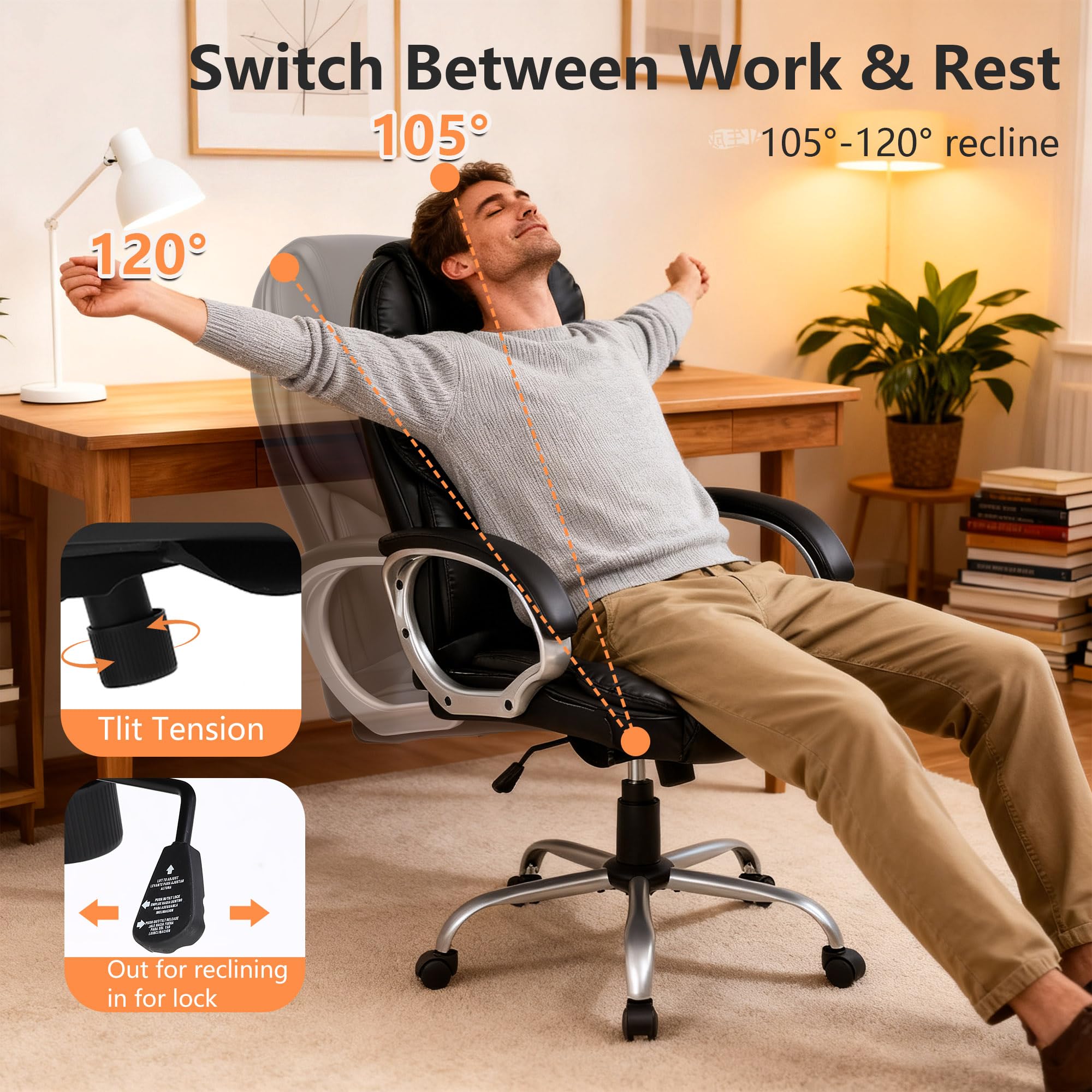 Fdw Office Chair Computer High Back Adjustable Ergonomic Desk Chair Executive Pu Leather Swivel Task Chair with Armrests Lumbar Support (dark