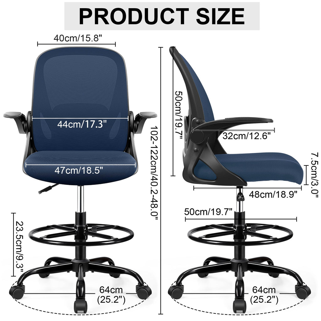 Drafting Chair Tall Office Chair with Flip-up Armrests, Adjustable Height, Enhanced Lumbar Support Ergonomic Rolling Stool, Back Support,