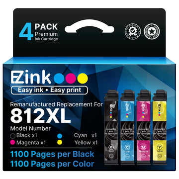 E-Z Ink Remanufactured Ink Cartridge Replacement for Epson 812XL Ink Cartridges Combo Pack for 812 Ink Cartridges for WF-7840 WF-7820 WF-7310 EC-C7000 Printer (4 Packs, Black Cyan Magenta Yellow)
