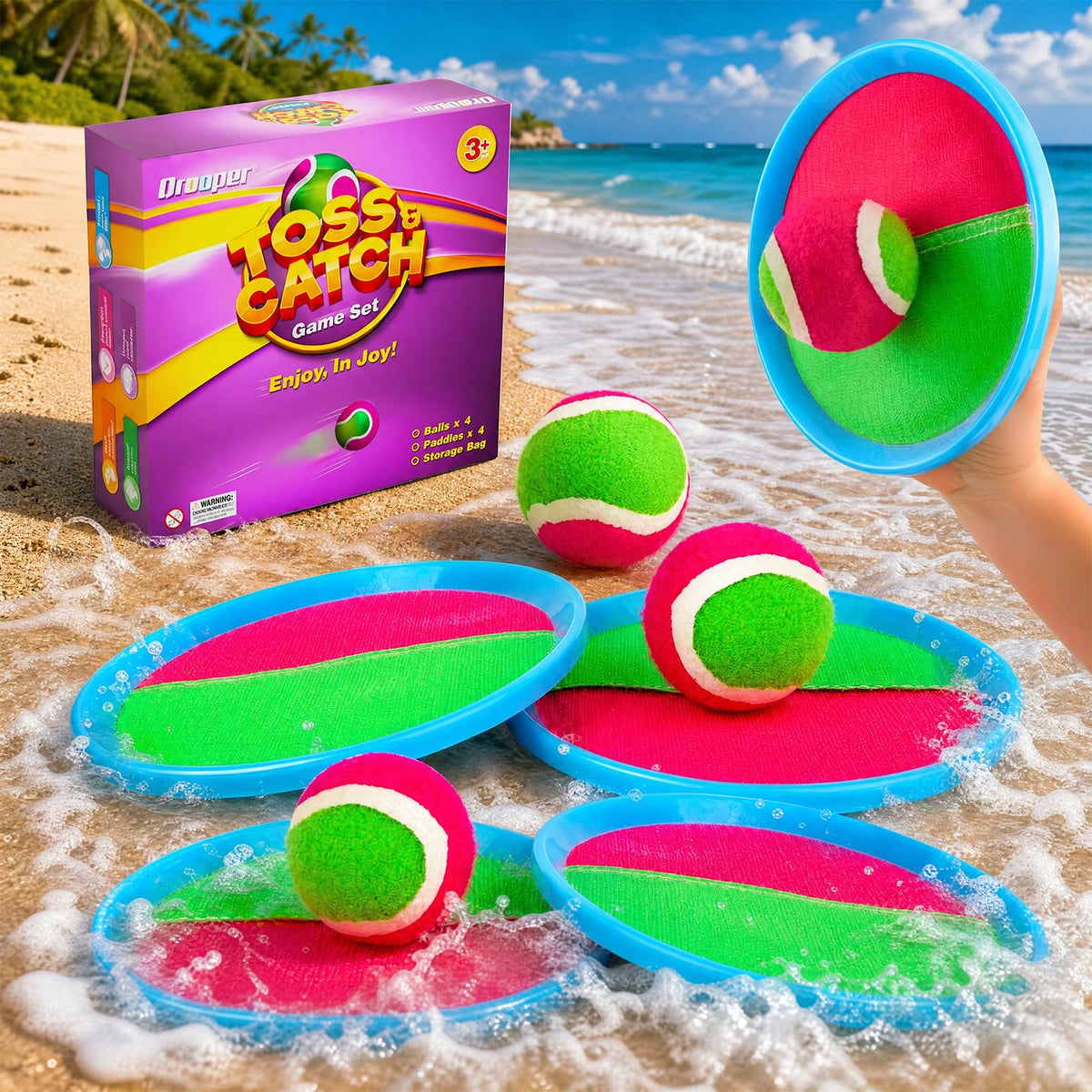 Toss and Catch Ball Game Outdoor Toys for Kids Ages 3-12 & Family, Outside Games for Beach Pool Yard Camping, Boys Birthday Gift, 4 Paddles 4 Sticky Balls & Storage Bag