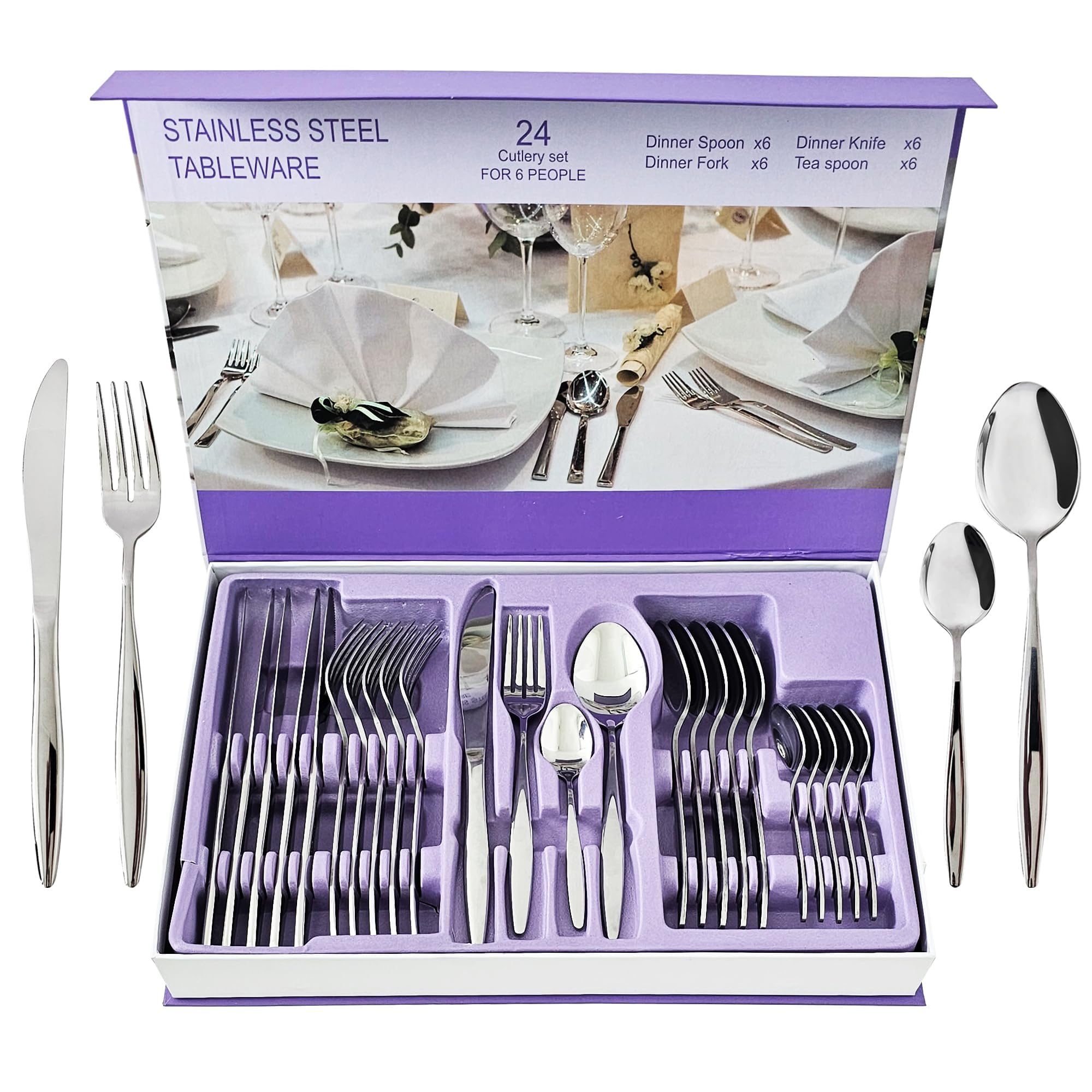 24-Piece Stainless Steel Silverware Set for 6, Mirror-Finish Forks and Spoons Flatware Set, Stylish Kitchen Cutlery Set for Home & Restaurant, Ideal Gift for Family and Friends