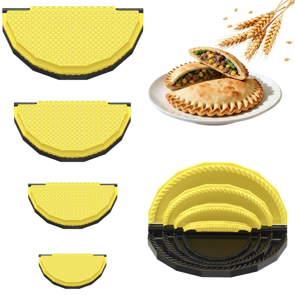 Tortilla Sealer Crimper Press - 4pcs Quesadilla Maker for 10"+8"+6"+4" Flour Tortillas | Make Sealed Taco,Quesadilla,Empanada,Burrito,Dumpling,Sandwich,BPA-Free Dishwasher Safe (Black Yellow)