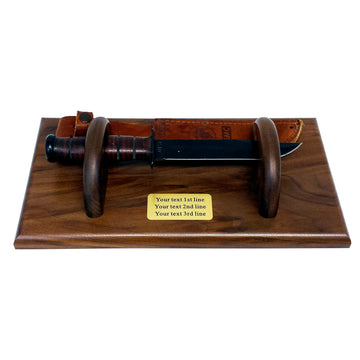 KA-BAR USMC Knife Display Holder Solid Walnut Wood Custom Personalized Text. Handmade in Oakville, MD, USA.