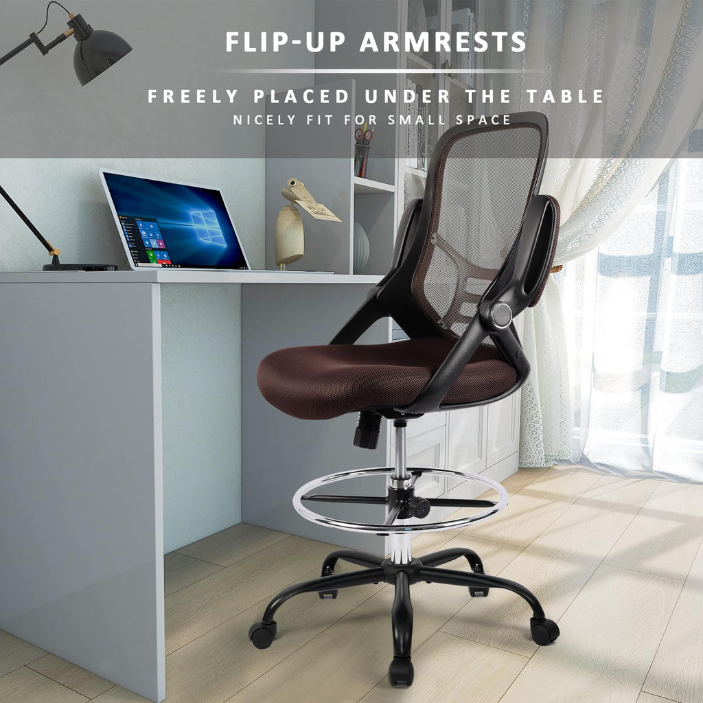 Hylone Drafting Chair, Tall Office Chair Standing Desk Chair Brown Mesh High-back Drafting Stool with Flip-up Arms, Adjustable Foot Ring, Brown
