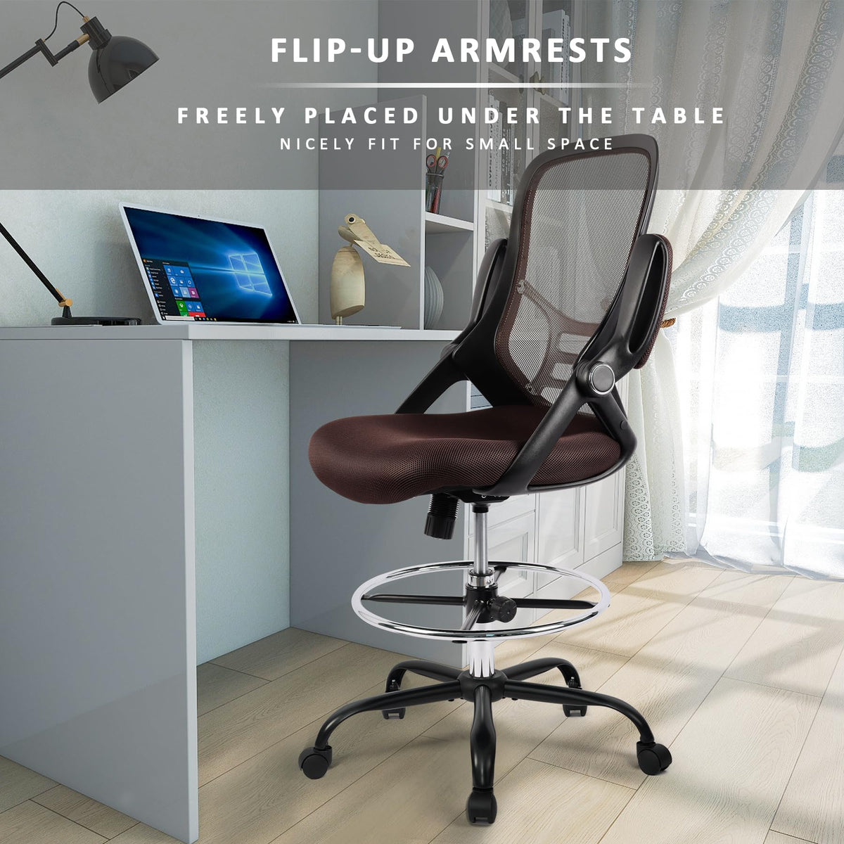 Hylone Drafting Chair, Tall Office Chair Standing Desk Chair Brown Mesh High-back Drafting Stool with Flip-up Arms, Adjustable Foot Ring, Brown