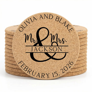 Set of 30-100 Personalized Cork Coasters | Monogrammed Mr & Mrs Wedding Coaster Favors | Custom Engraved Cork Coaster Set | CC104