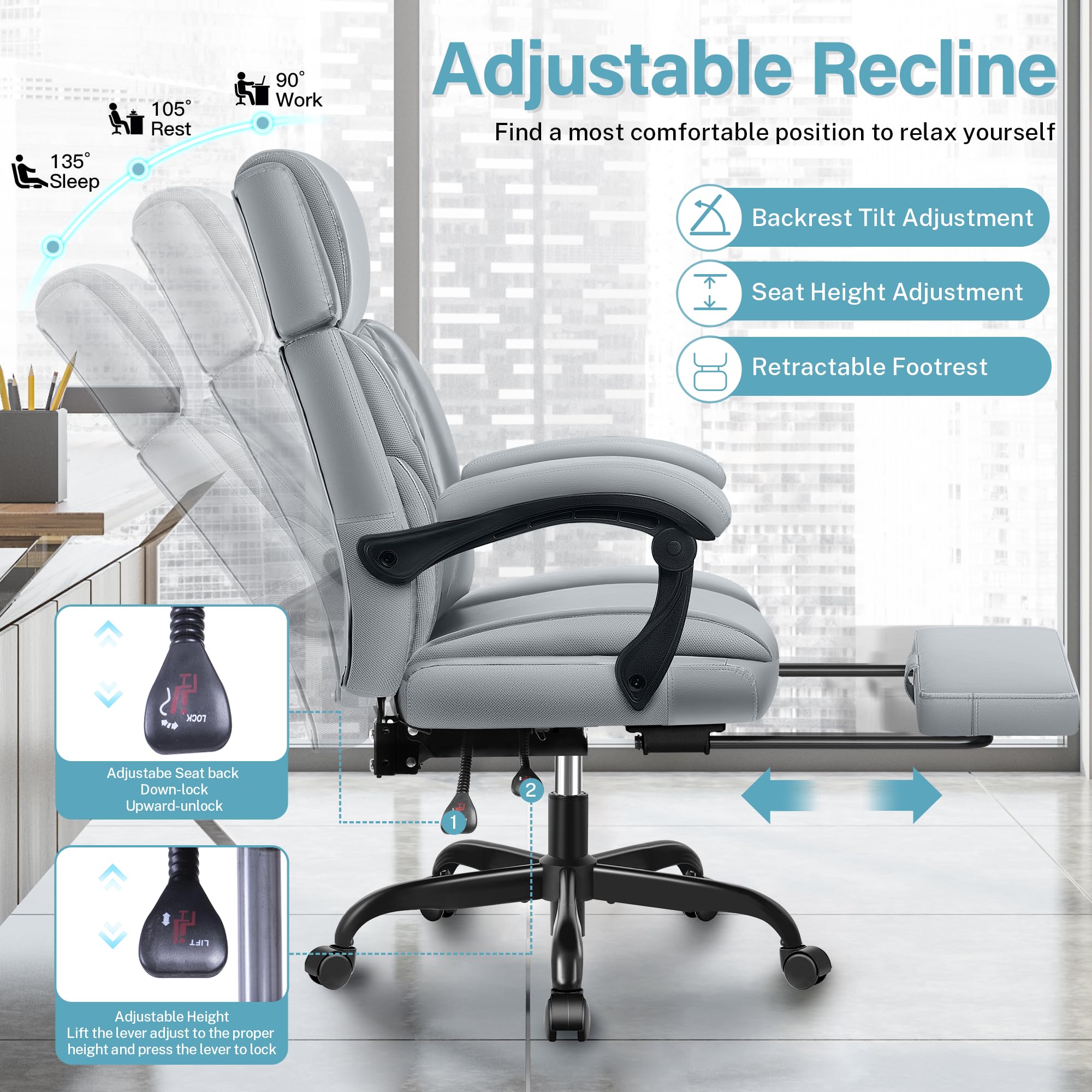 Executive Leather Office Chair, Big and Tall Office Chair with Footrest Home Office Desk Chairs, Ergonomic Computer Desk Chair with Lumbar