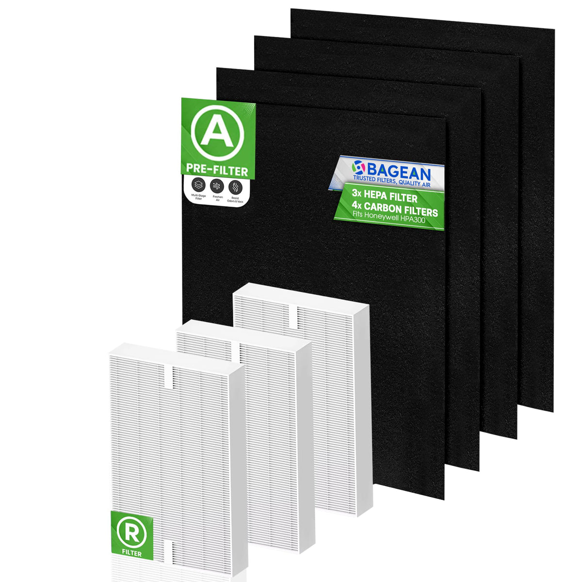 Bagean HPA300 Filter R Compatible with Honeywell Air Purifier Filter Replacement - HRF R3 A Fits HPA5300B - H13 True HEPA with Carbon Filters 99.98% Particles & Purifies Air (3 HEPA + 4 Carbon)