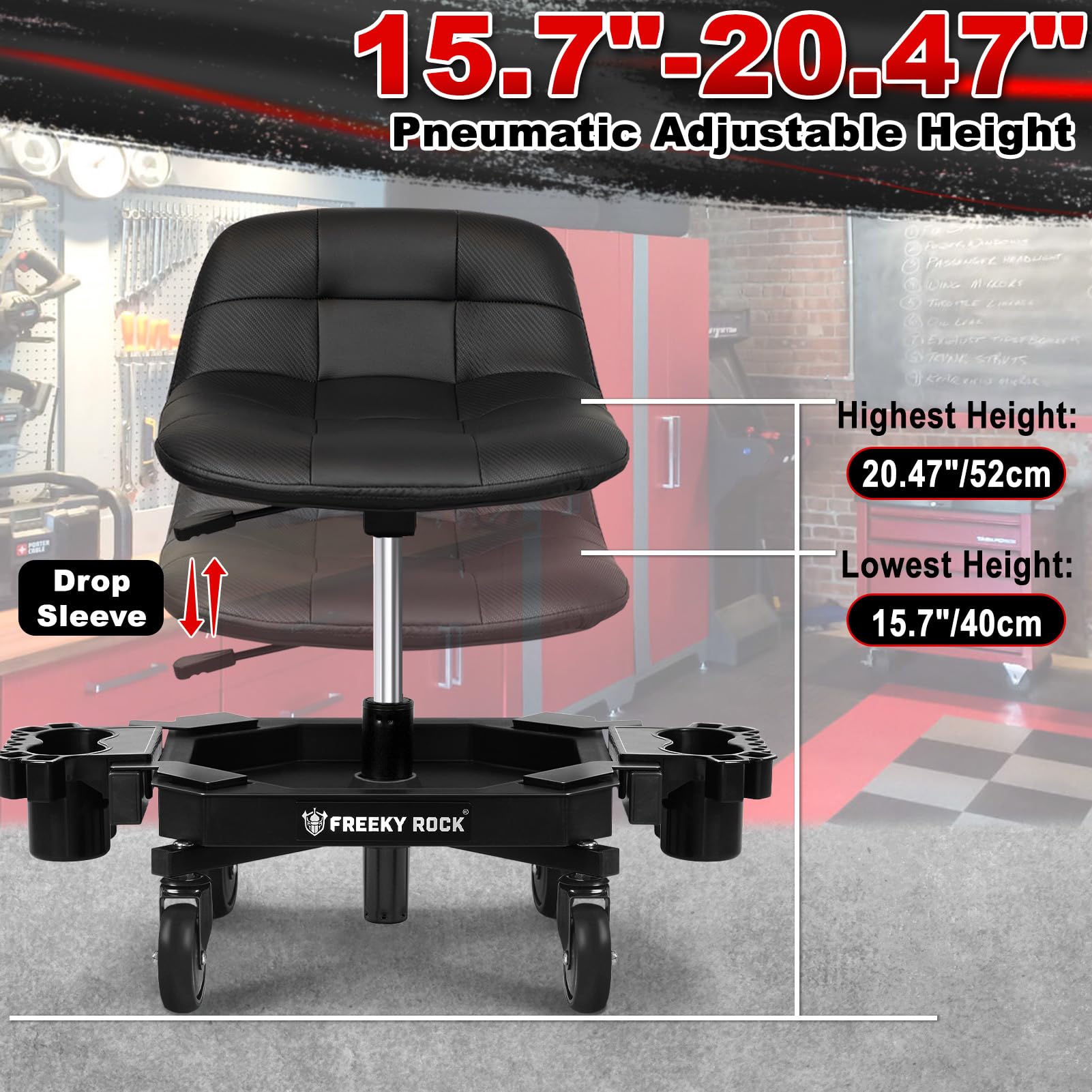 Freekyrock Rolling Stool with Wheels, Adjustable Height Pneumatic Garage Work Mechanic Stool Seat with Backrest, 400 Lbs Capacity 360° Swivel