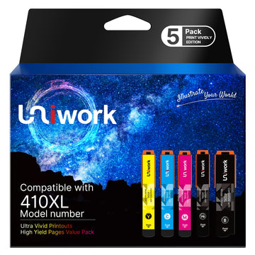 Uniwork Remanufactured Replacement for 410XL Ink Cartridges Replacement for Epson 410 Ink Cartridges Use for Expression XP-830 XP-640 XP-7100 XP-630 XP-530 XP-635 Printer(Latest Upgraded Chip, 5 Pack)