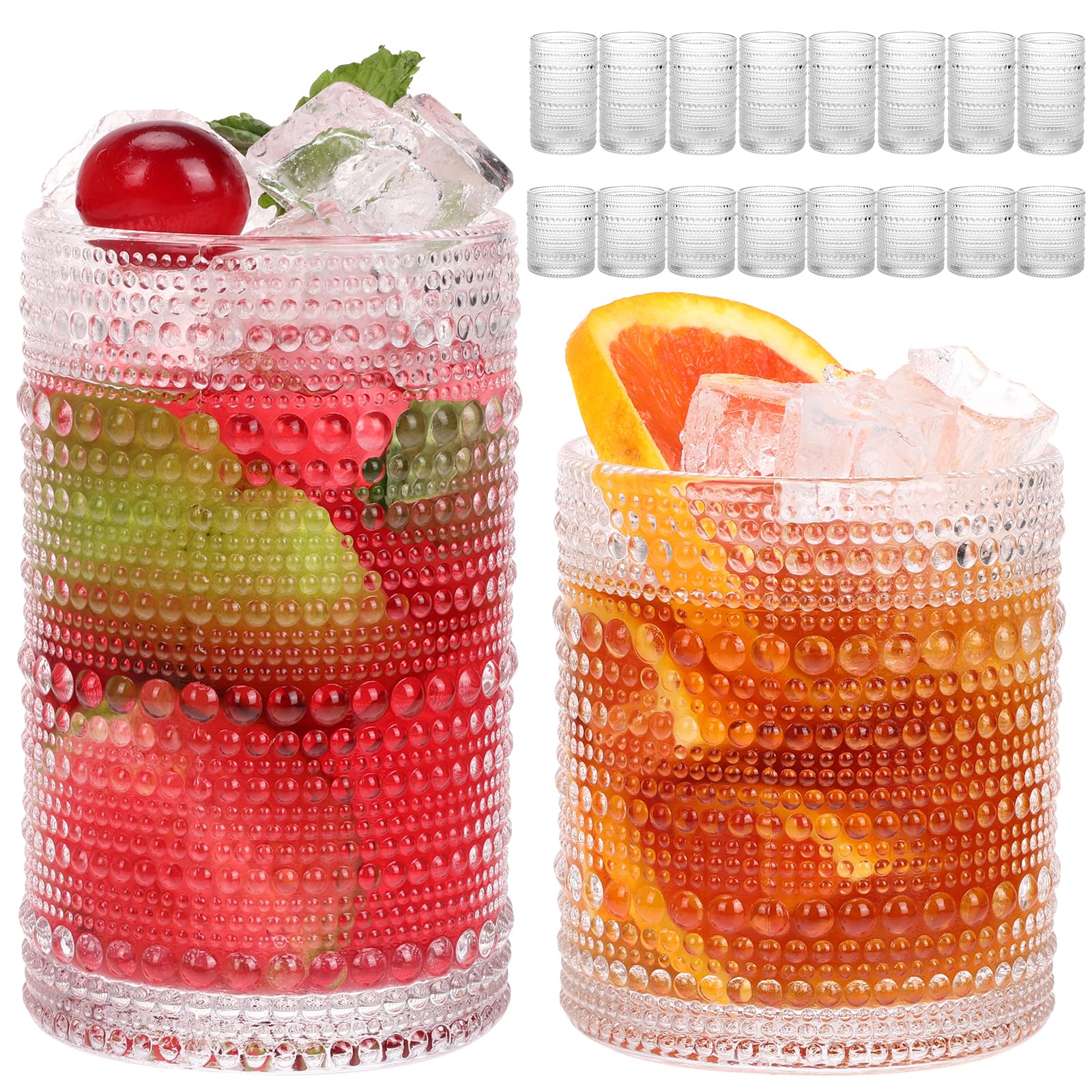 Moretoes Hobnail Drinking Glasses Set of 16, 12 Oz Highball Glasses & 10 Oz Cocktail Glasses, Clear Embossed Boho Glass Cups Kitchen Bar Tumbler Glassware Set for Whiskey, Beer, Juice, Milk (Clear)