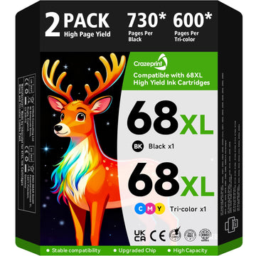 68 68XL Ink Cartridges Black/Color Combo Pack Compatible for HP 68 Ink Cartridges Fit for Envy 6155e 6555e 6100e 6165e 6500e 6152e 6552e 6558e Printer (2 Pack, 1 Black, 1 Tri-Color)