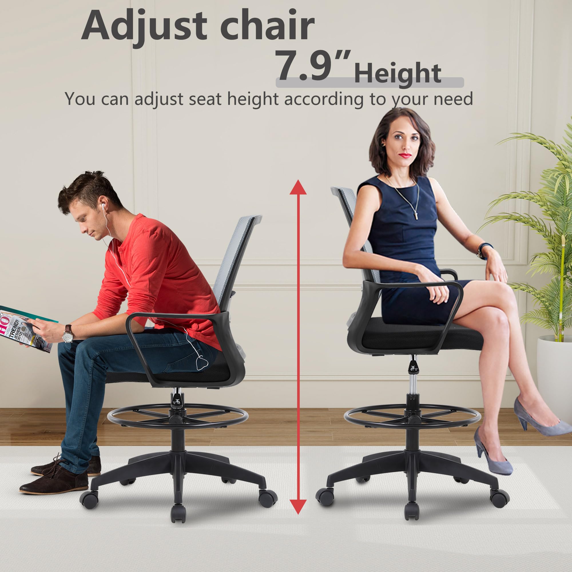 Bestoffice Drafting Chair Tall Office Chair Adjustable Swivel Rolling Mesh Height with Lumbar Support Arms Footrest Mid Back for Adults