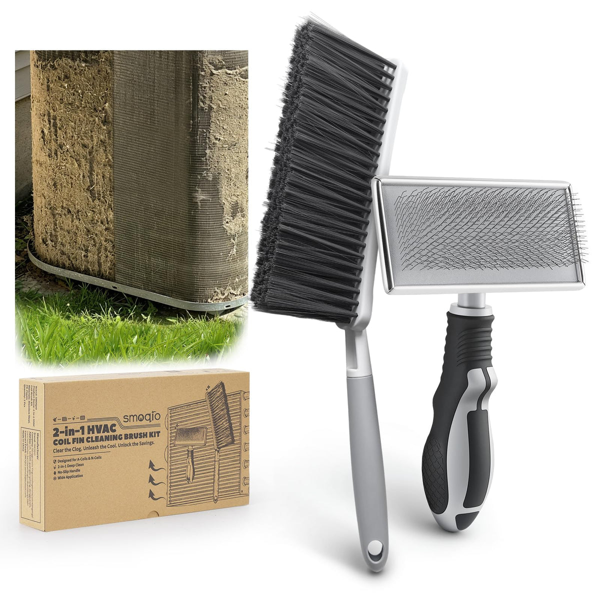2 in 1 AC Coil Cleaner Brush Set for Condenser, Evaporator, HVAC | Safe Fin Cleaning with 135° Stainless Pins & Dusting Brush with High-density PET Bristles