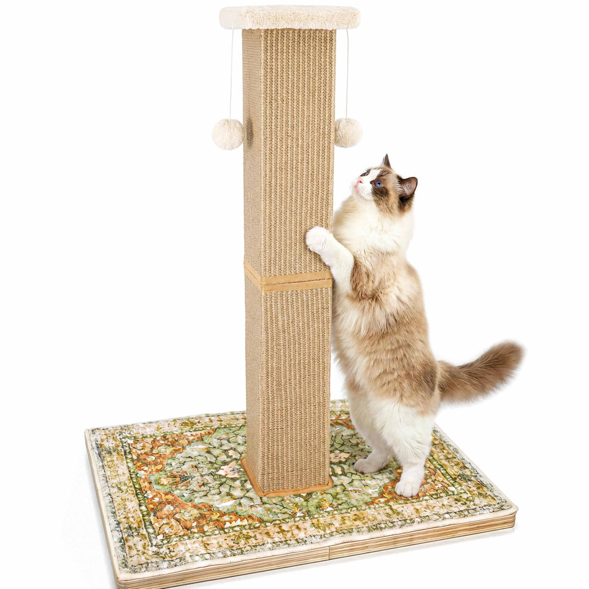 Tall Cat Scratching Post for Indoor Cats Adults, 33'' Large Cat Scratch Post with Perch, Cute Cat Scratching Post with Boho Carpet ? Dangling Ball Toys, Green