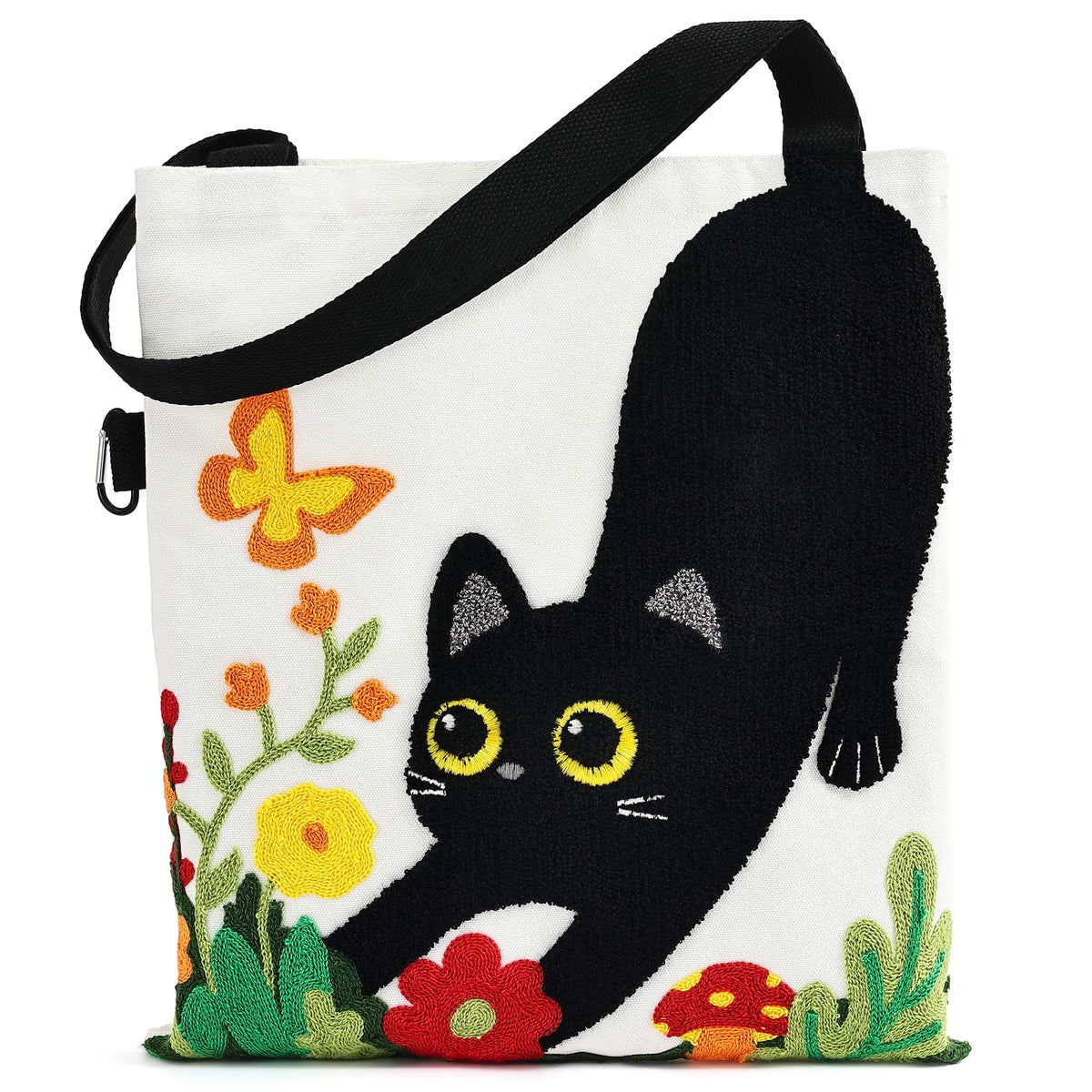 Jeasona Canvas Tote Bag for Women,Cute 3D Black Cat & Flowers Reusable Embroidered Canvas Shoulder Bag