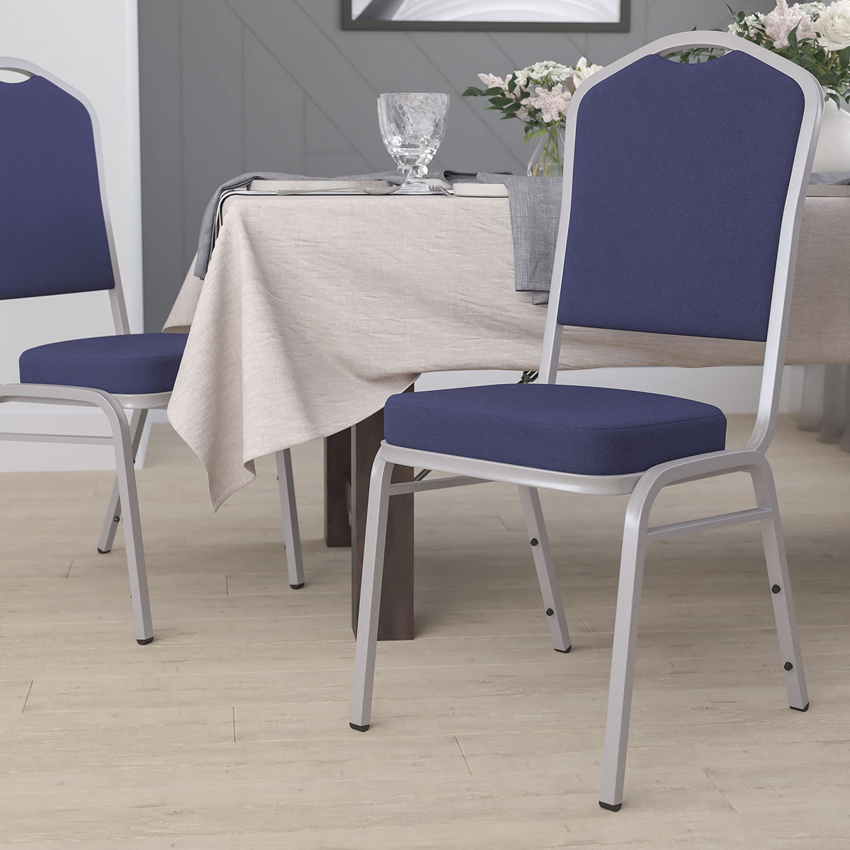 Flash Furniture Hercules Fabric Crown Back Stackable Banquet Chair, Silver, Set of 1, Navy Fabric/silver Frame