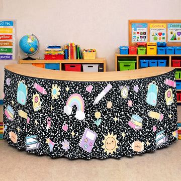 Hahafelt 14FT Teacher Desk Skirt for Back to School Decorations Composition Notebook Classroom Decor Ruffle Table Cover Skirt for Rectangle Round Kidney Desk First Day School Kindergarten Decorations