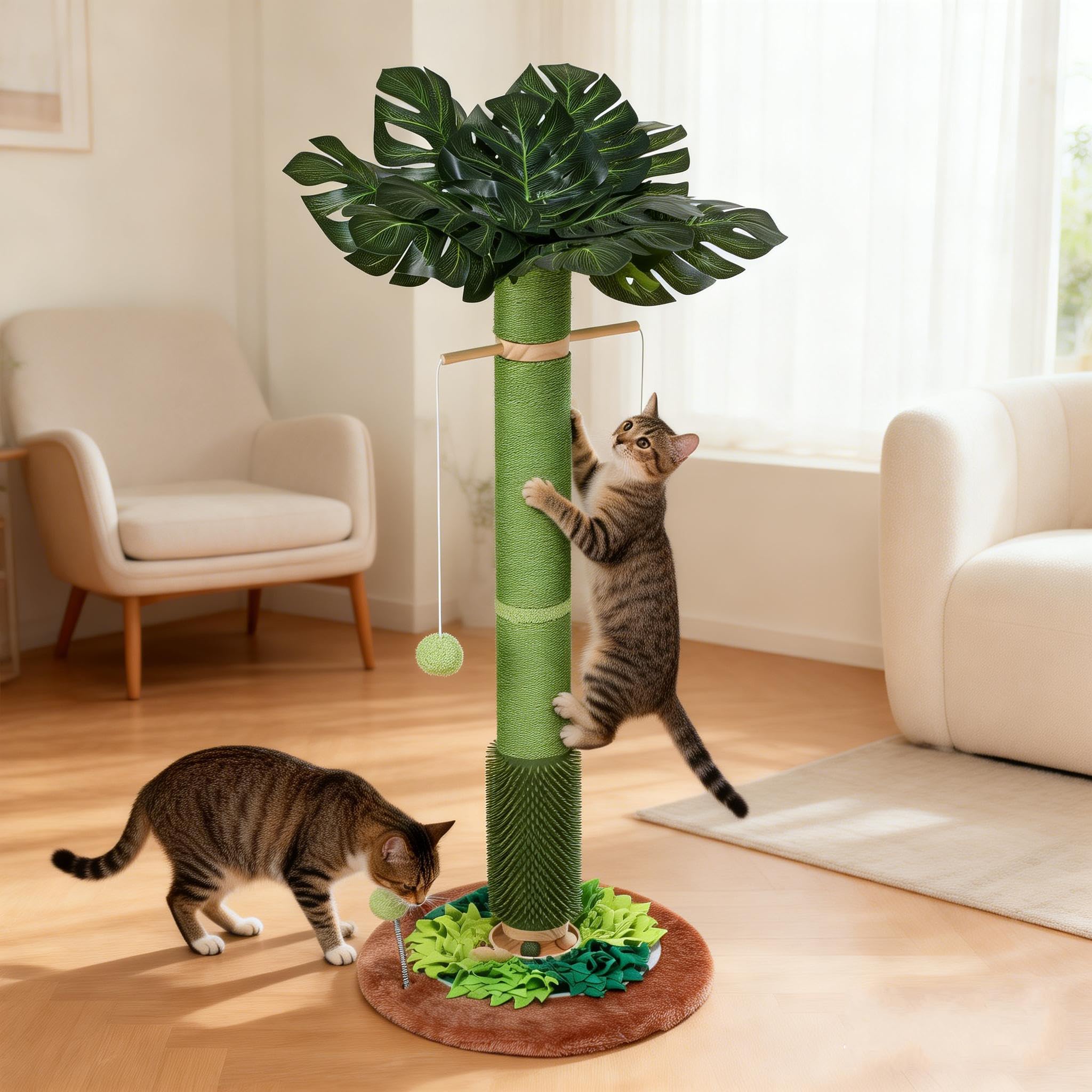 EMUST 40.16" Tall Cat Scratching Post, Palm Tree Scratching Post for Cats, Sisal Cat Scratcher Tree with Self-Groomer Brush and Dangling Ball for Indoor Cats Adults