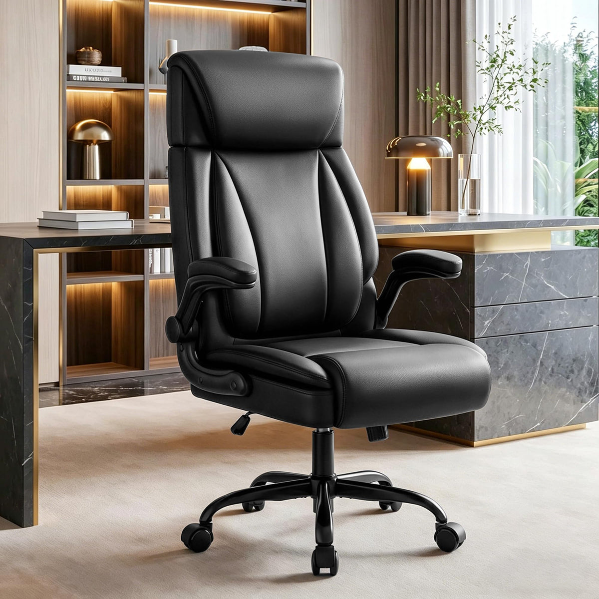 Bestglory Ergonomic Office Chair, Pu Leather Executive Desk Chair with Adjustable Headrest, Flip-up Arms and Lumbar Support, High Back Computer