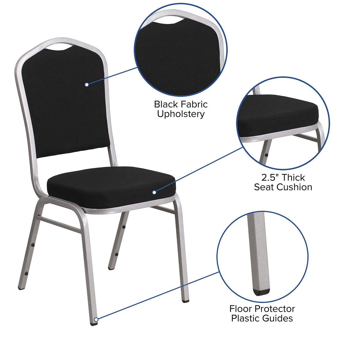Flash Furniture Hercules Fabric Crown Back Stackable Banquet Chair, Silver, Set of 1, Black Fabric/silver Frame