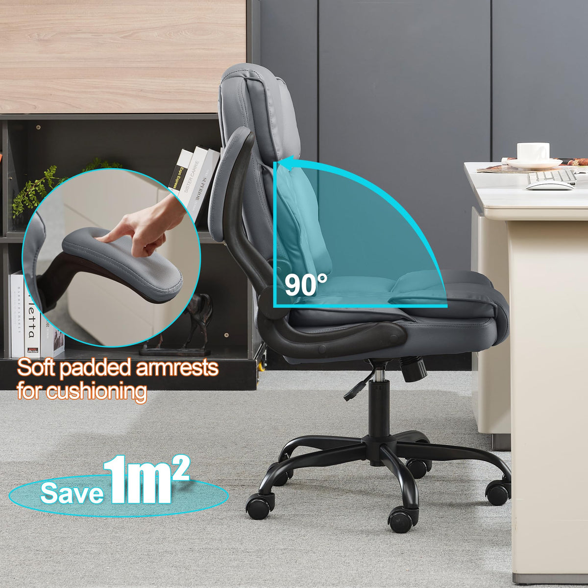 Bowthy Office Desk Chair,mid Back Executive Leather Chair,ergonomic Home Computer Chair,modern Conference Room Chairs with Adjustable Flip-up