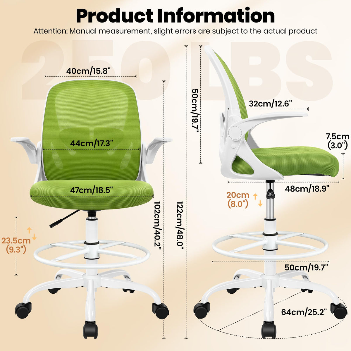 Primy Drafting Chair Tall Office Chair with Flip-up Armrests Executive Ergonomic Computer Standing Desk Chair with Lumbar Support and